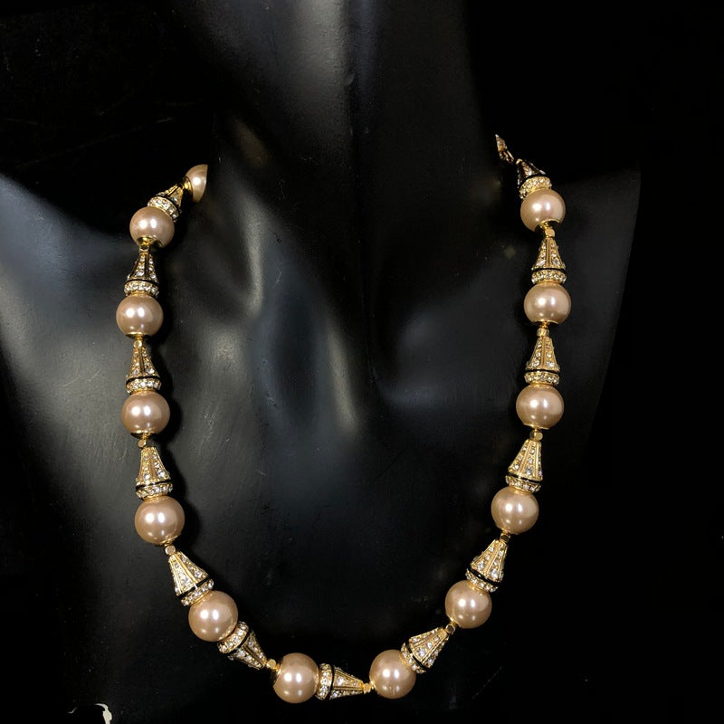 Stylish and versatile beaded necklace with diamond accents, elegant necklace and earring set, vintage-style magnetic clasp necklace