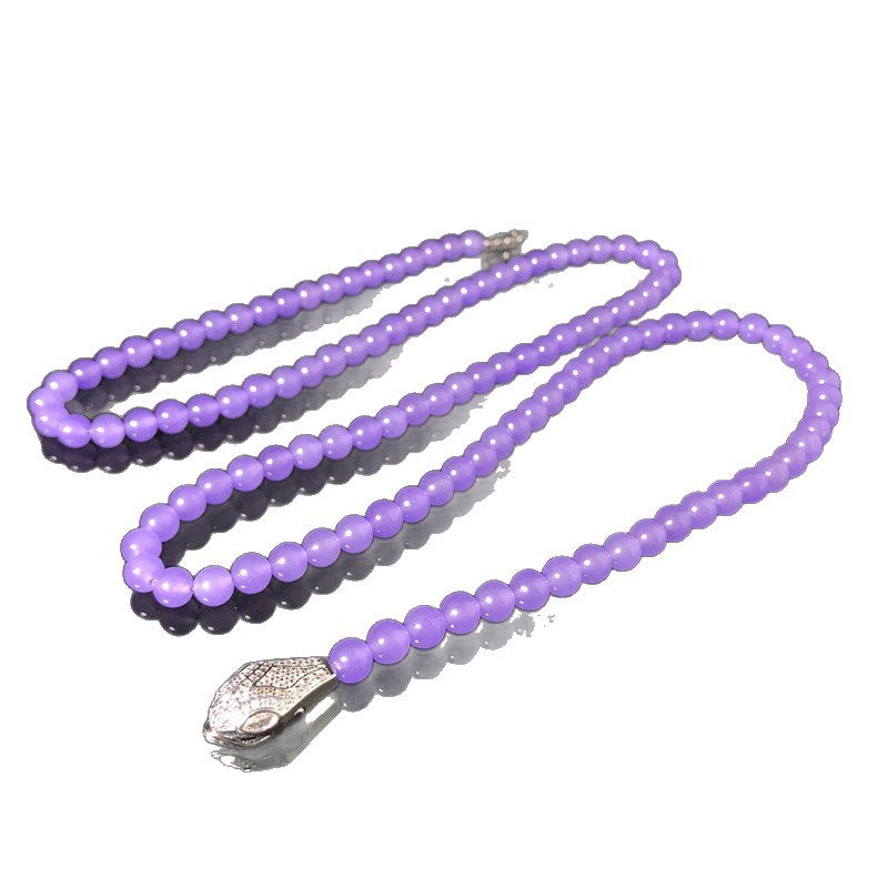 Purple stone beaded necklace, copper material, inlaid with cubic zirconia, snake head and snake tail pendant, exquisite and elegant jewelry