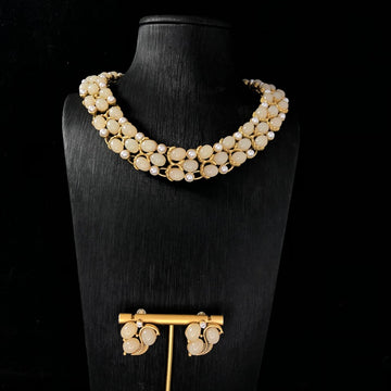 Vintage-style, heavy-duty, versatile, antique gold and white jewelry=Jelly resin pearl-inlaid necklace and earring set