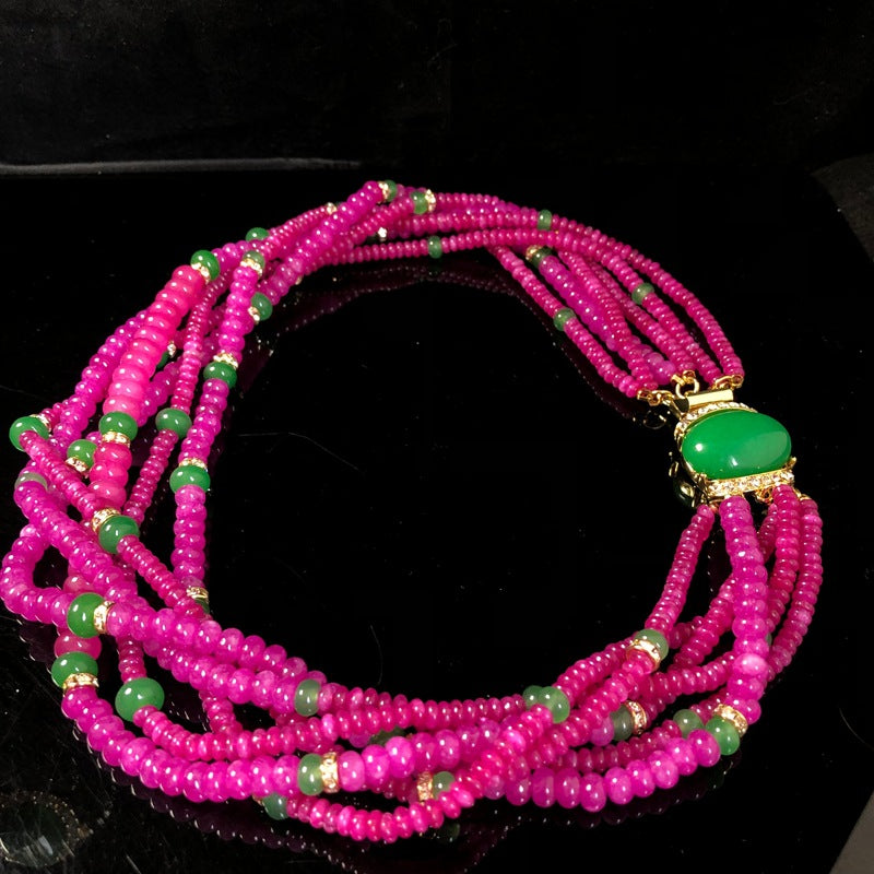 Heavy-duty jewelry design, featuring abacus beads and multi-layered, elegant, and fashionable rose-purple necklace and earring sets