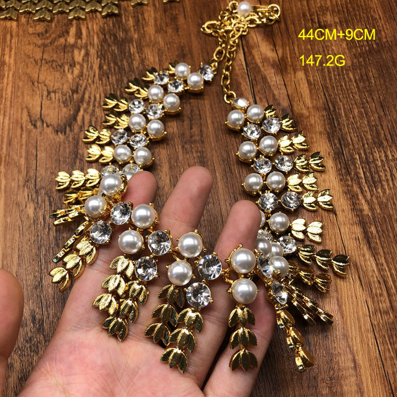 vintageVintage Heavy Industry Jewelry Pearl Turquoise Gemstone Inlaid Wheat Ear Tassel Necklace Earrings and Ear Clips Set