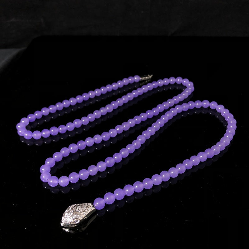 Purple stone beaded necklace, copper material, inlaid with cubic zirconia, snake head and snake tail pendant, exquisite and elegant jewelry