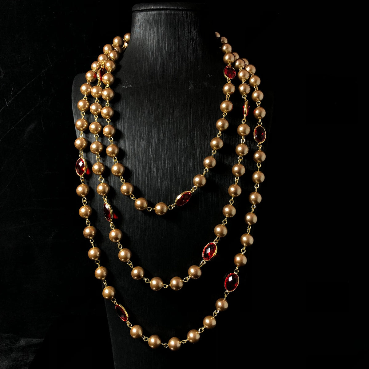 European and American style necklace, vintage pearl, red, handmade, glass and copper material, long necklace, sweater chain, small fragrance-inspired jewelry design