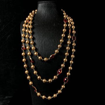 European and American style necklace, vintage pearl, red, handmade, glass and copper material, long necklace, sweater chain, small fragrance-inspired jewelry design