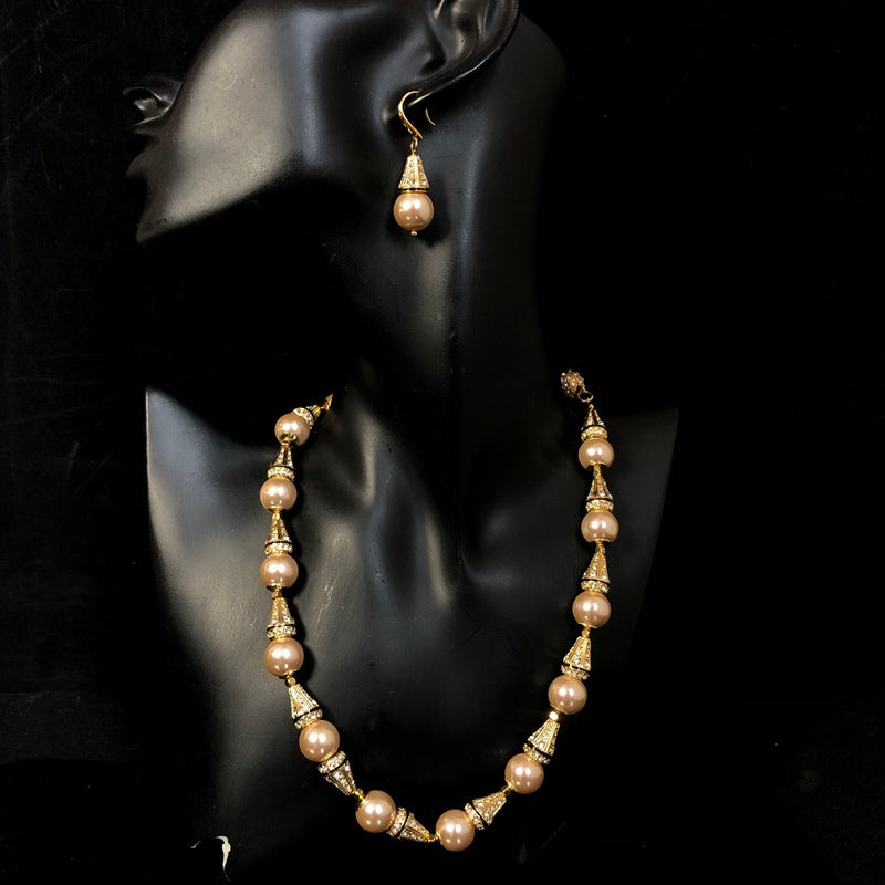 Stylish and versatile beaded necklace with diamond accents, elegant necklace and earring set, vintage-style magnetic clasp necklace