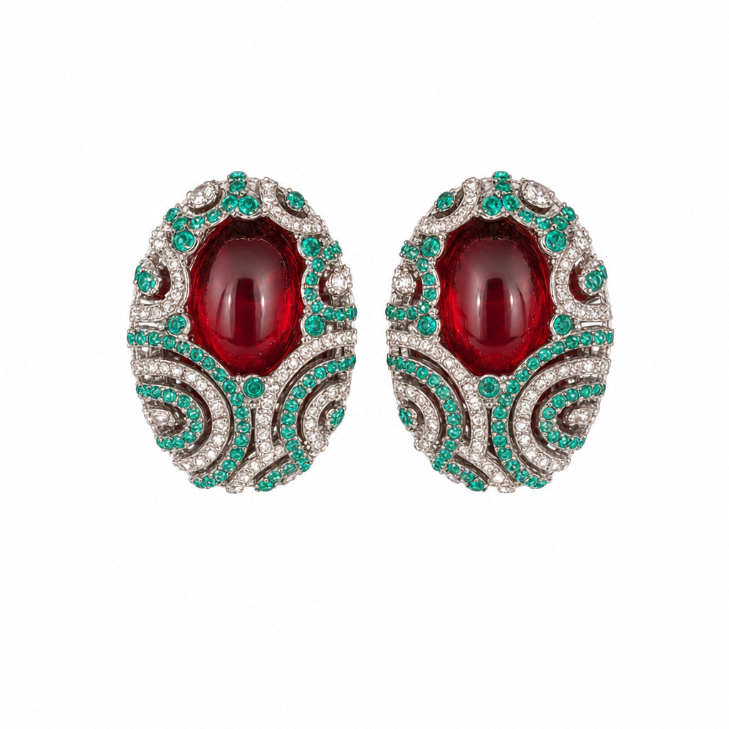Vintage Enamel Gemstone Jewelry Set for Women — Medieval Court Style Necklace, Stud Earrings & Ring, Light Luxury Accessories