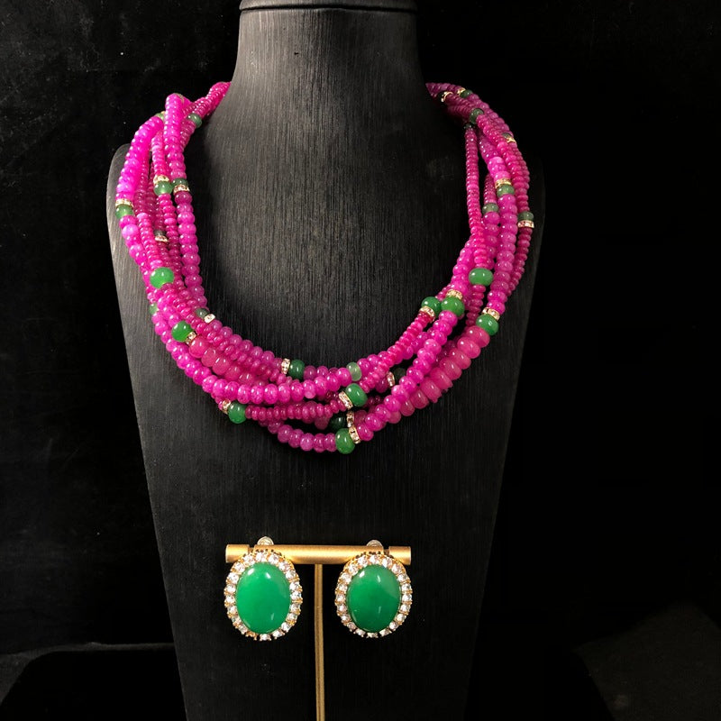 Heavy-duty jewelry design, featuring abacus beads and multi-layered, elegant, and fashionable rose-purple necklace and earring sets