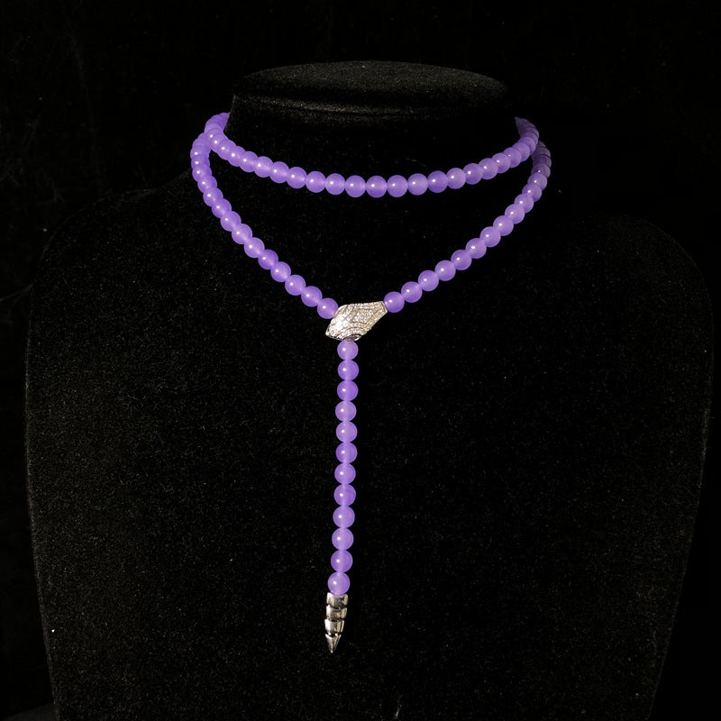 Purple stone beaded necklace, copper material, inlaid with cubic zirconia, snake head and snake tail pendant, exquisite and elegant jewelry