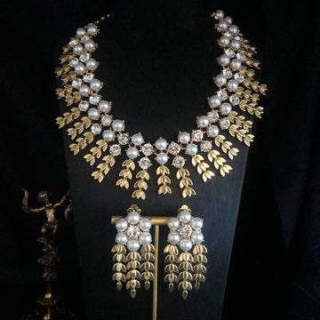 vintageVintage Heavy Industry Jewelry Pearl Turquoise Gemstone Inlaid Wheat Ear Tassel Necklace Earrings and Ear Clips Set