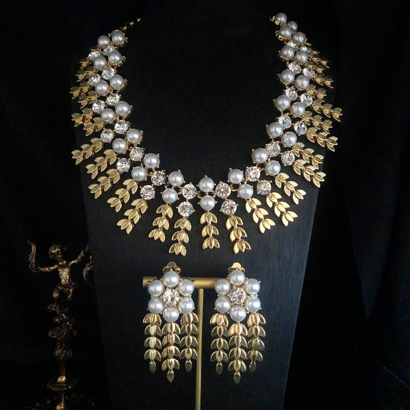 vintageVintage Heavy Industry Jewelry Pearl Turquoise Gemstone Inlaid Wheat Ear Tassel Necklace Earrings and Ear Clips Set