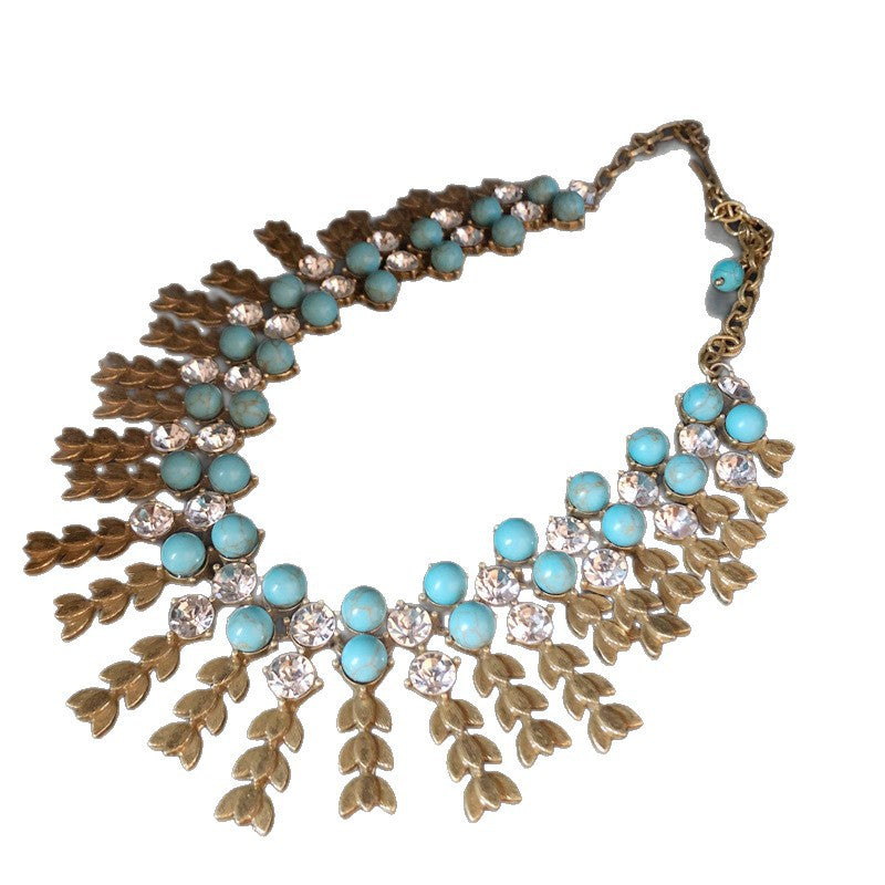 vintageVintage Heavy Industry Jewelry Pearl Turquoise Gemstone Inlaid Wheat Ear Tassel Necklace Earrings and Ear Clips Set