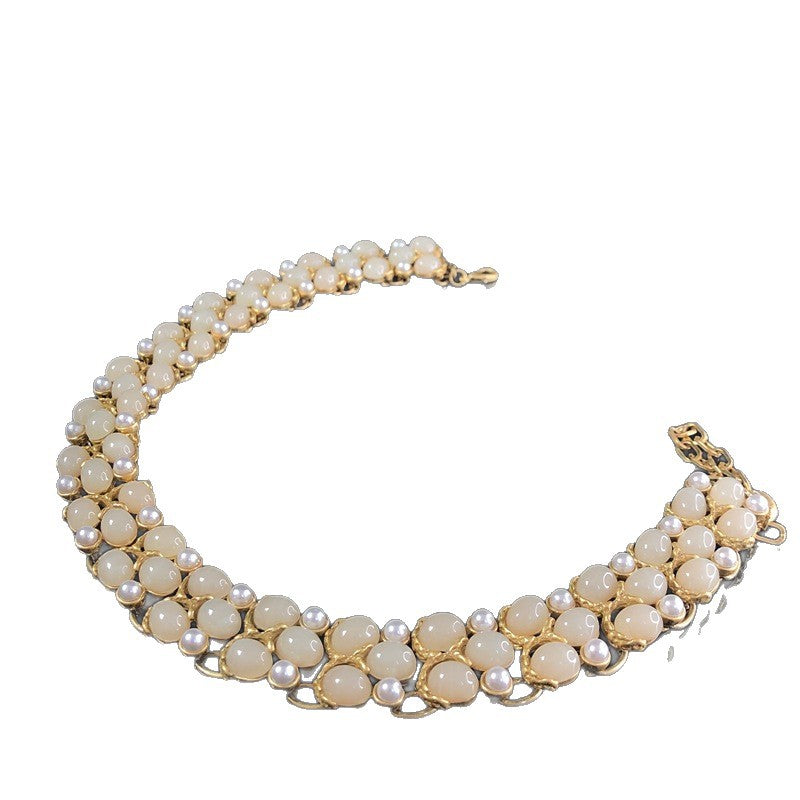 Vintage-style, heavy-duty, versatile, antique gold and white jewelry=Jelly resin pearl-inlaid necklace and earring set