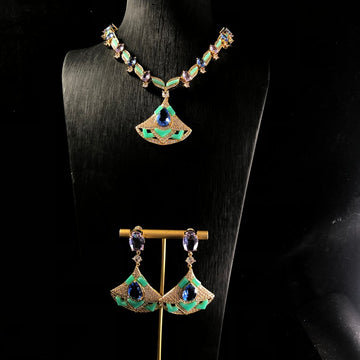 Cross-border new light blue fan necklace and earring set, gold-plated, heavy-duty, European and American style, elegant copper jewelry with zircon inlays