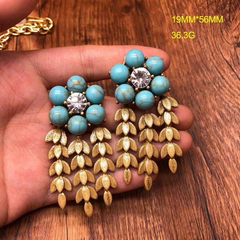 vintageVintage Heavy Industry Jewelry Pearl Turquoise Gemstone Inlaid Wheat Ear Tassel Necklace Earrings and Ear Clips Set
