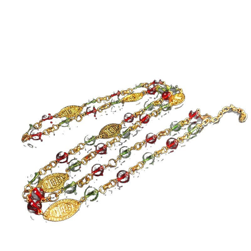 Western-style retro red and green glass bead necklace, long, versatile, exquisite, and fashionable jewelry, gold-plated