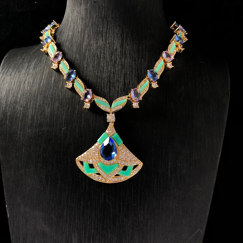 Cross-border new light blue fan necklace and earring set, gold-plated, heavy-duty, European and American style, elegant copper jewelry with zircon inlays
