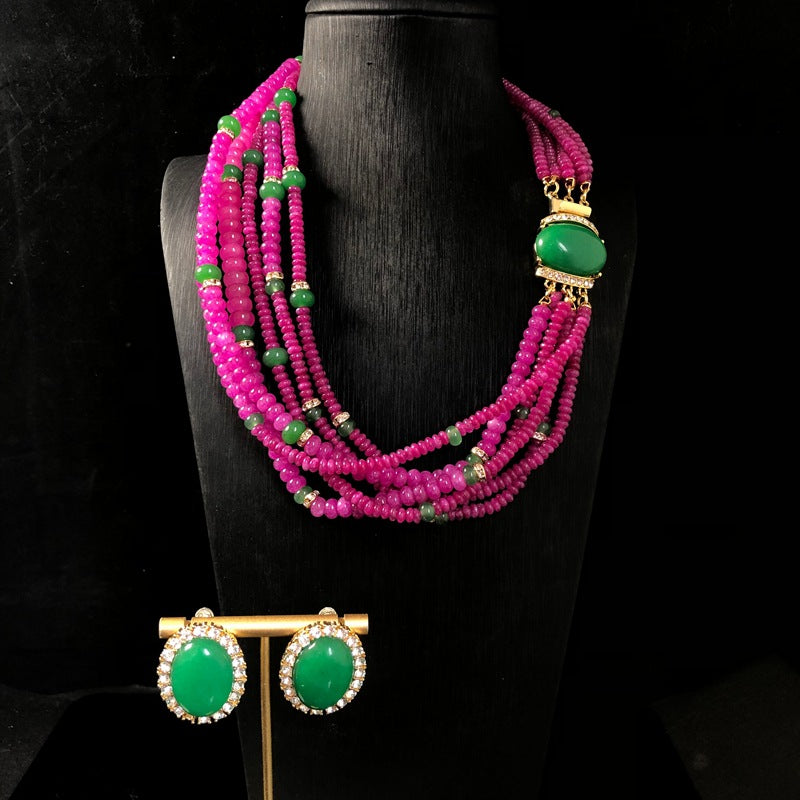 Heavy-duty jewelry design, featuring abacus beads and multi-layered, elegant, and fashionable rose-purple necklace and earring sets