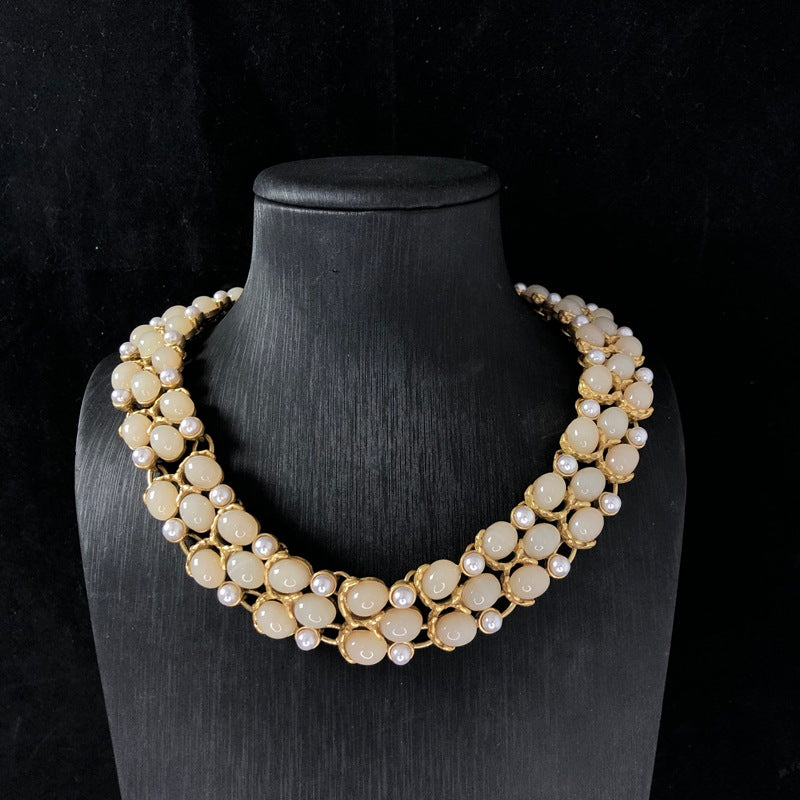 Vintage-style, heavy-duty, versatile, antique gold and white jewelry=Jelly resin pearl-inlaid necklace and earring set