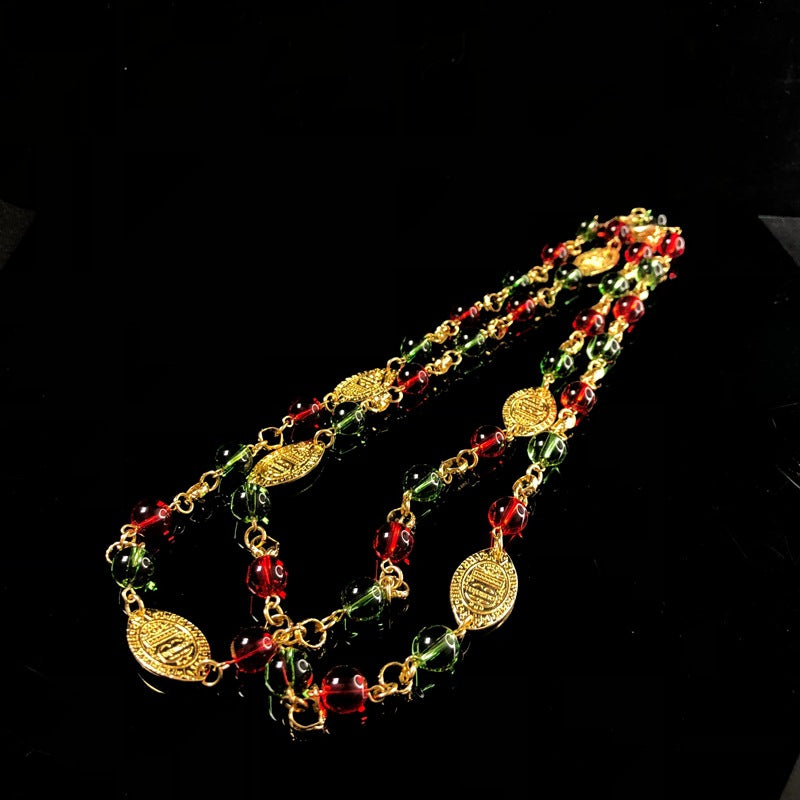 Western-style retro red and green glass bead necklace, long, versatile, exquisite, and fashionable jewelry, gold-plated