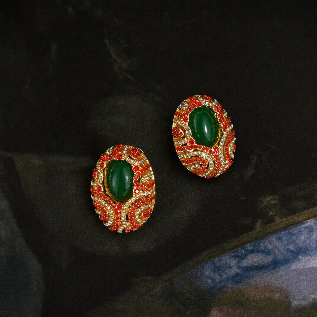 Vintage Enamel Gemstone Jewelry Set for Women — Medieval Court Style Necklace, Stud Earrings & Ring, Light Luxury Accessories