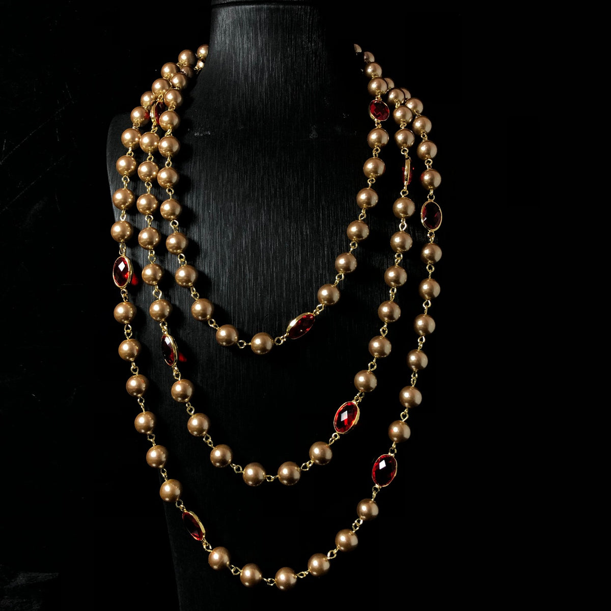 European and American style necklace, vintage pearl, red, handmade, glass and copper material, long necklace, sweater chain, small fragrance-inspired jewelry design
