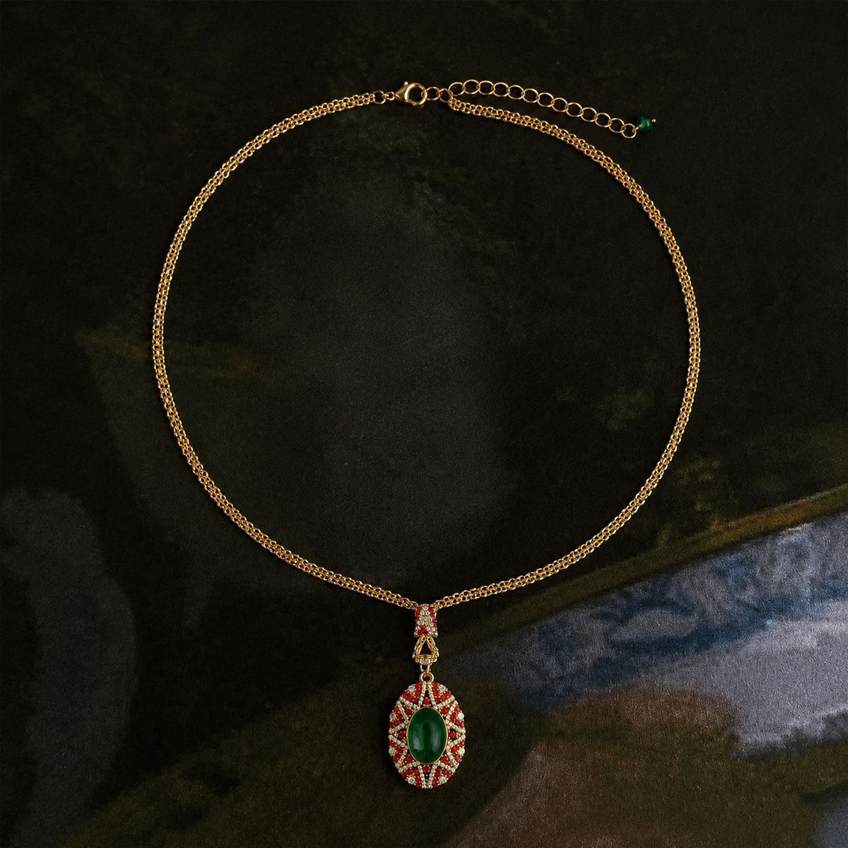 Vintage Enamel Gemstone Jewelry Set for Women — Medieval Court Style Necklace, Stud Earrings & Ring, Light Luxury Accessories
