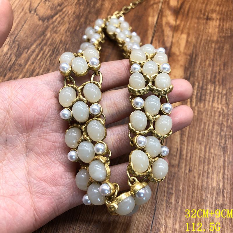 Vintage-style, heavy-duty, versatile, antique gold and white jewelry=Jelly resin pearl-inlaid necklace and earring set