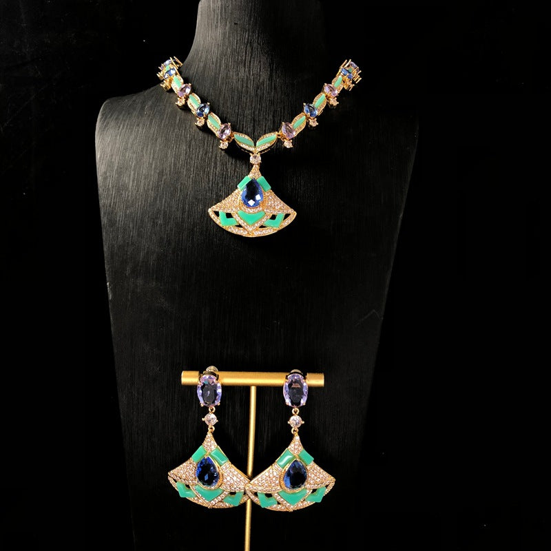 Cross-border new light blue fan necklace and earring set, gold-plated, heavy-duty, European and American style, elegant copper jewelry with zircon inlays