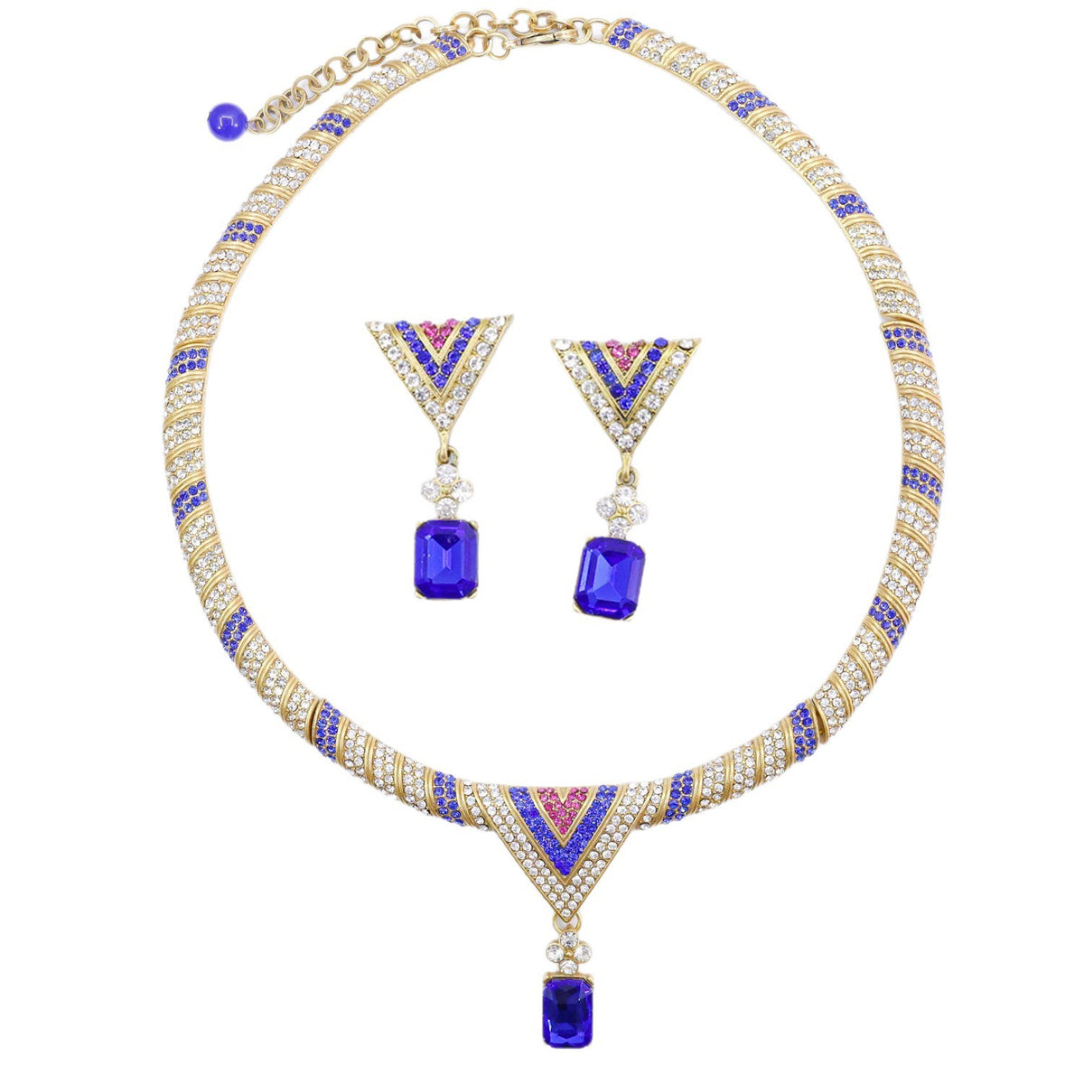Blue crystal pendant, triangular earrings, vintage, heavy-duty, exaggerated design, women's necklace, clavicle chain, sweater chain, jewelry set