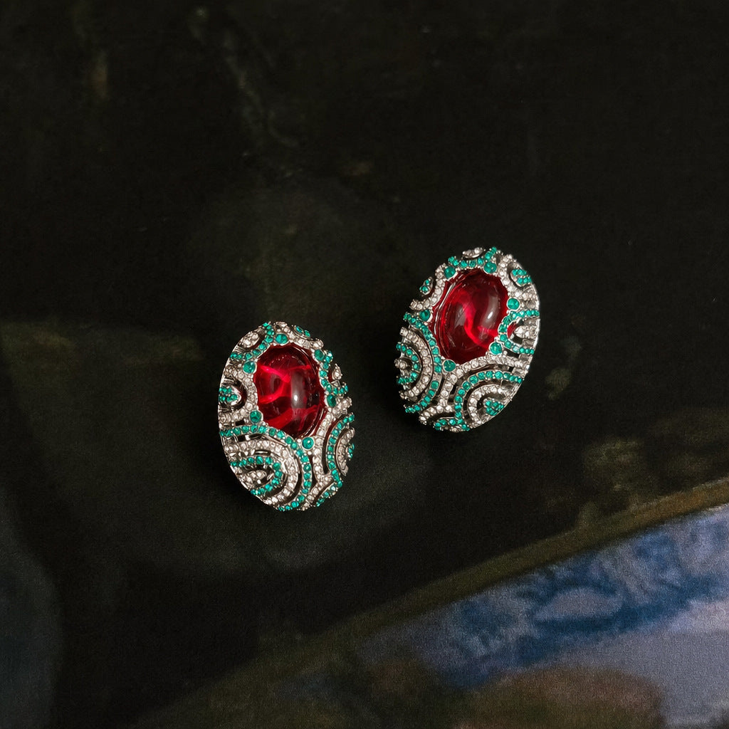 Vintage Enamel Gemstone Jewelry Set for Women — Medieval Court Style Necklace, Stud Earrings & Ring, Light Luxury Accessories