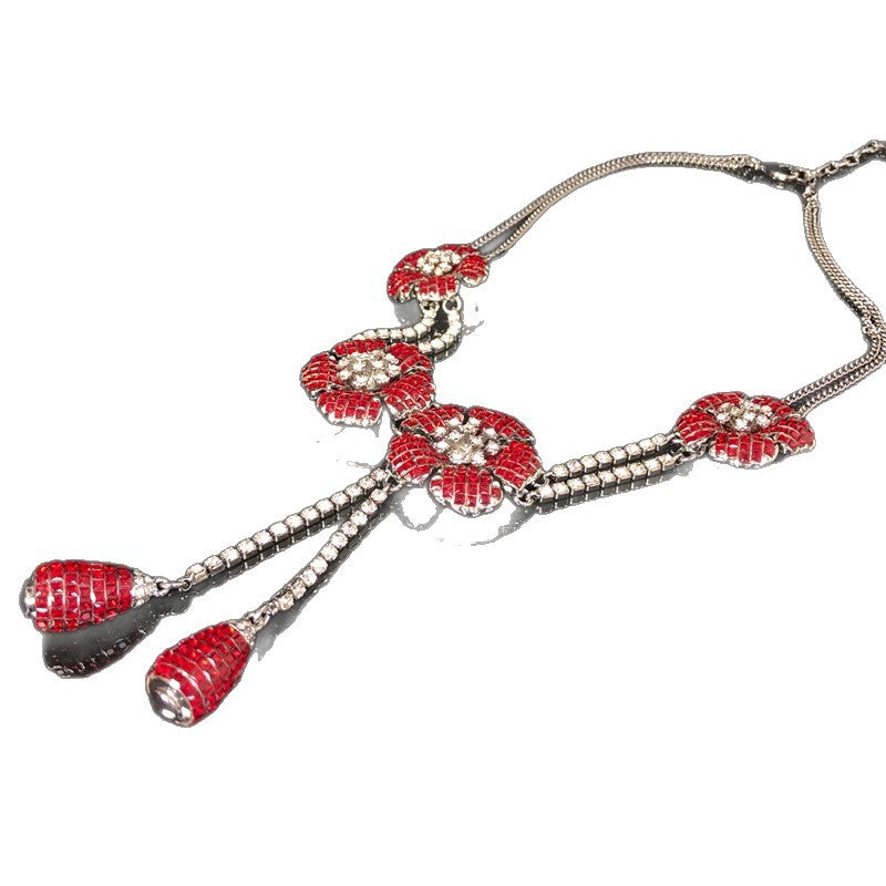 Cross-border new floral tassel necklace and earrings, simple, fashionable, and luxurious, with a dreamy and romantic rose-red rhinestone design