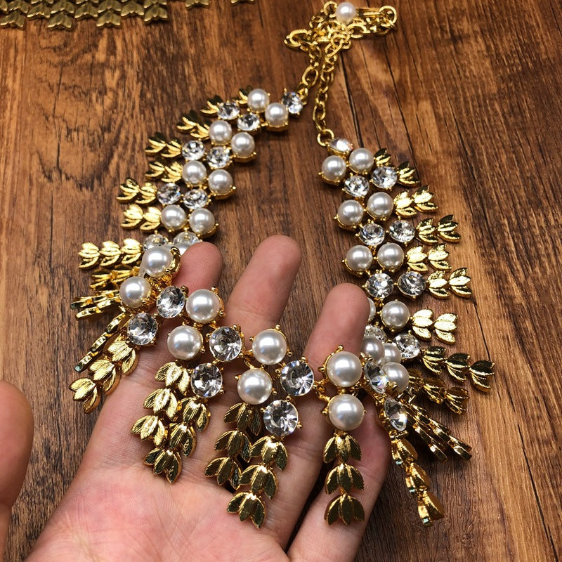 vintageVintage Heavy Industry Jewelry Pearl Turquoise Gemstone Inlaid Wheat Ear Tassel Necklace Earrings and Ear Clips Set