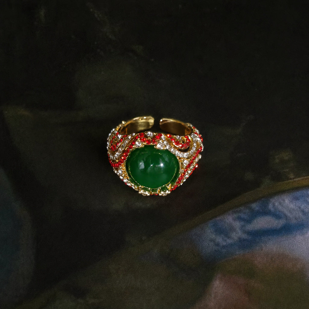 Vintage Enamel Gemstone Jewelry Set for Women — Medieval Court Style Necklace, Stud Earrings & Ring, Light Luxury Accessories