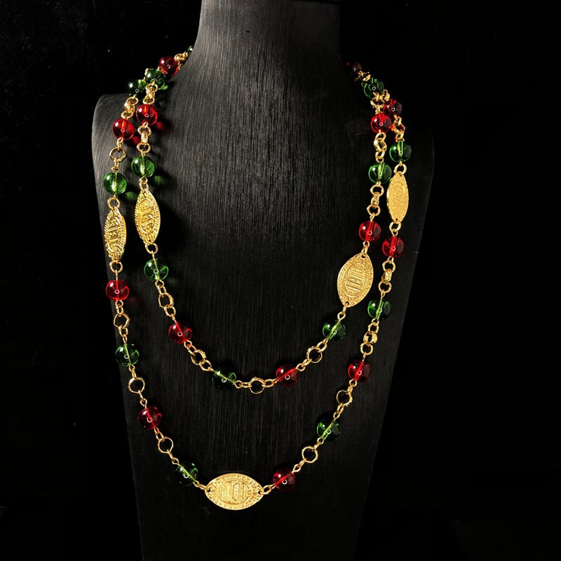 Western-style retro red and green glass bead necklace, long, versatile, exquisite, and fashionable jewelry, gold-plated