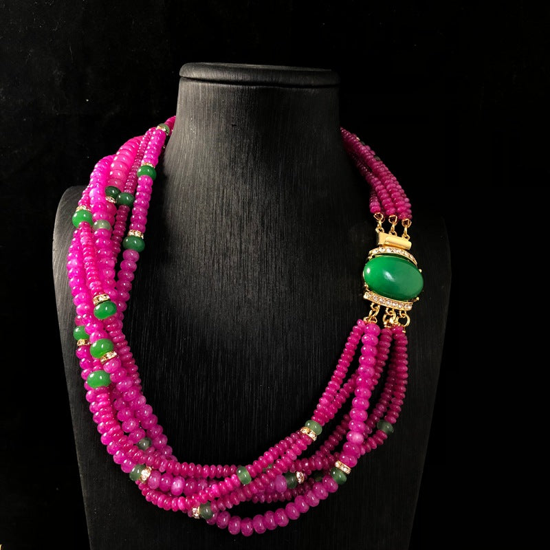 Heavy-duty jewelry design, featuring abacus beads and multi-layered, elegant, and fashionable rose-purple necklace and earring sets