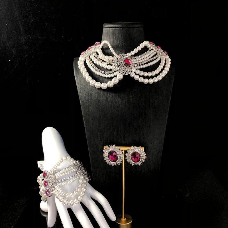 New fashionable retro pearl beaded necklace, multi-layer necklace, bracelet, and earring set – a versatile and exquisite jewelry collection