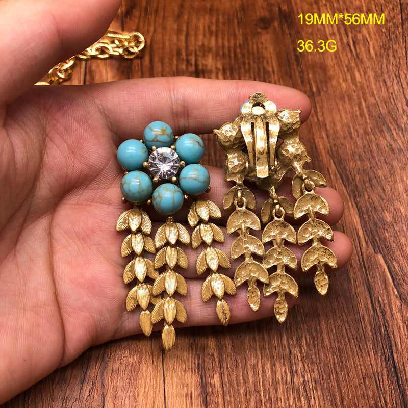 vintageVintage Heavy Industry Jewelry Pearl Turquoise Gemstone Inlaid Wheat Ear Tassel Necklace Earrings and Ear Clips Set