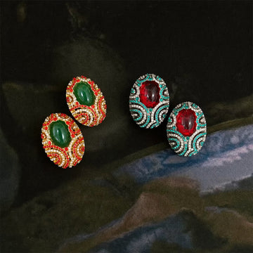 Vintage Enamel Gemstone Jewelry Set for Women — Medieval Court Style Necklace, Stud Earrings & Ring, Light Luxury Accessories