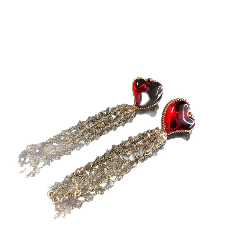 New, exquisite, and fashionable heart-shaped rhinestone tassel earrings for women, exuding elegance and versatility, with a high-end feel