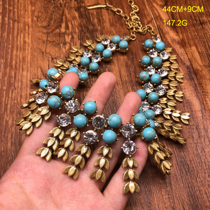 vintageVintage Heavy Industry Jewelry Pearl Turquoise Gemstone Inlaid Wheat Ear Tassel Necklace Earrings and Ear Clips Set