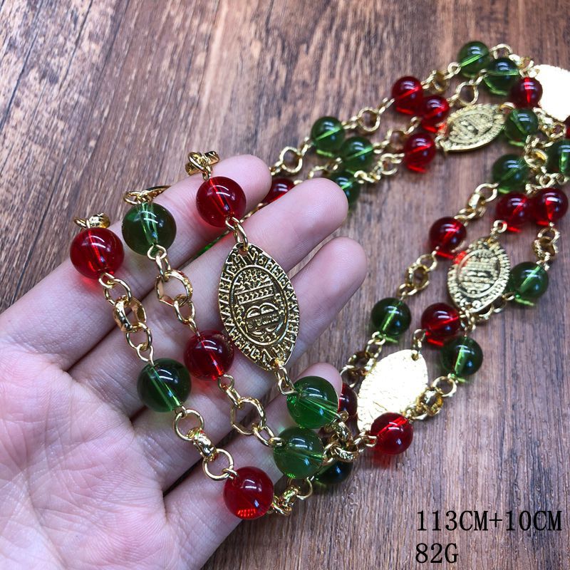 Western-style retro red and green glass bead necklace, long, versatile, exquisite, and fashionable jewelry, gold-plated