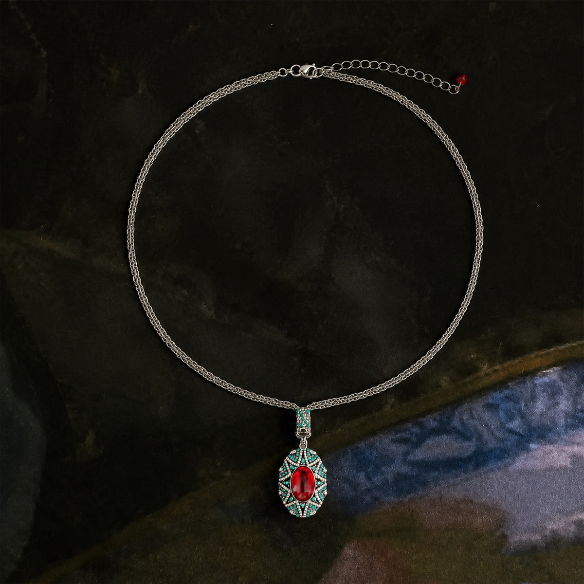 Vintage Enamel Gemstone Jewelry Set for Women — Medieval Court Style Necklace, Stud Earrings & Ring, Light Luxury Accessories