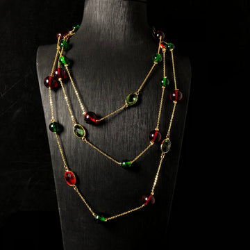 Usedvin'tageDouble-sided, double-layered, red and green glazed, transparent geometric circular necklace with hollow floral design, suitable for sweaters