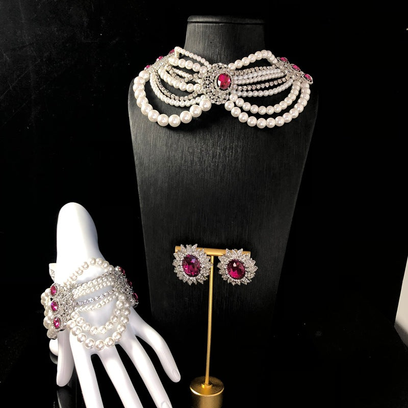 New fashionable retro pearl beaded necklace, multi-layer necklace, bracelet, and earring set – a versatile and exquisite jewelry collection