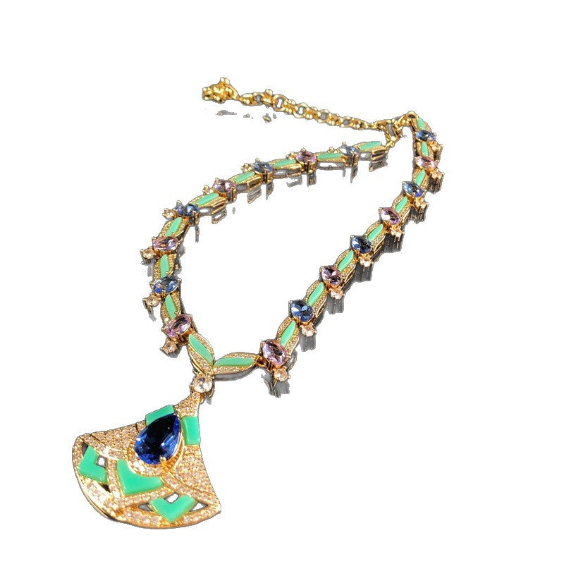 Cross-border new light blue fan necklace and earring set, gold-plated, heavy-duty, European and American style, elegant copper jewelry with zircon inlays